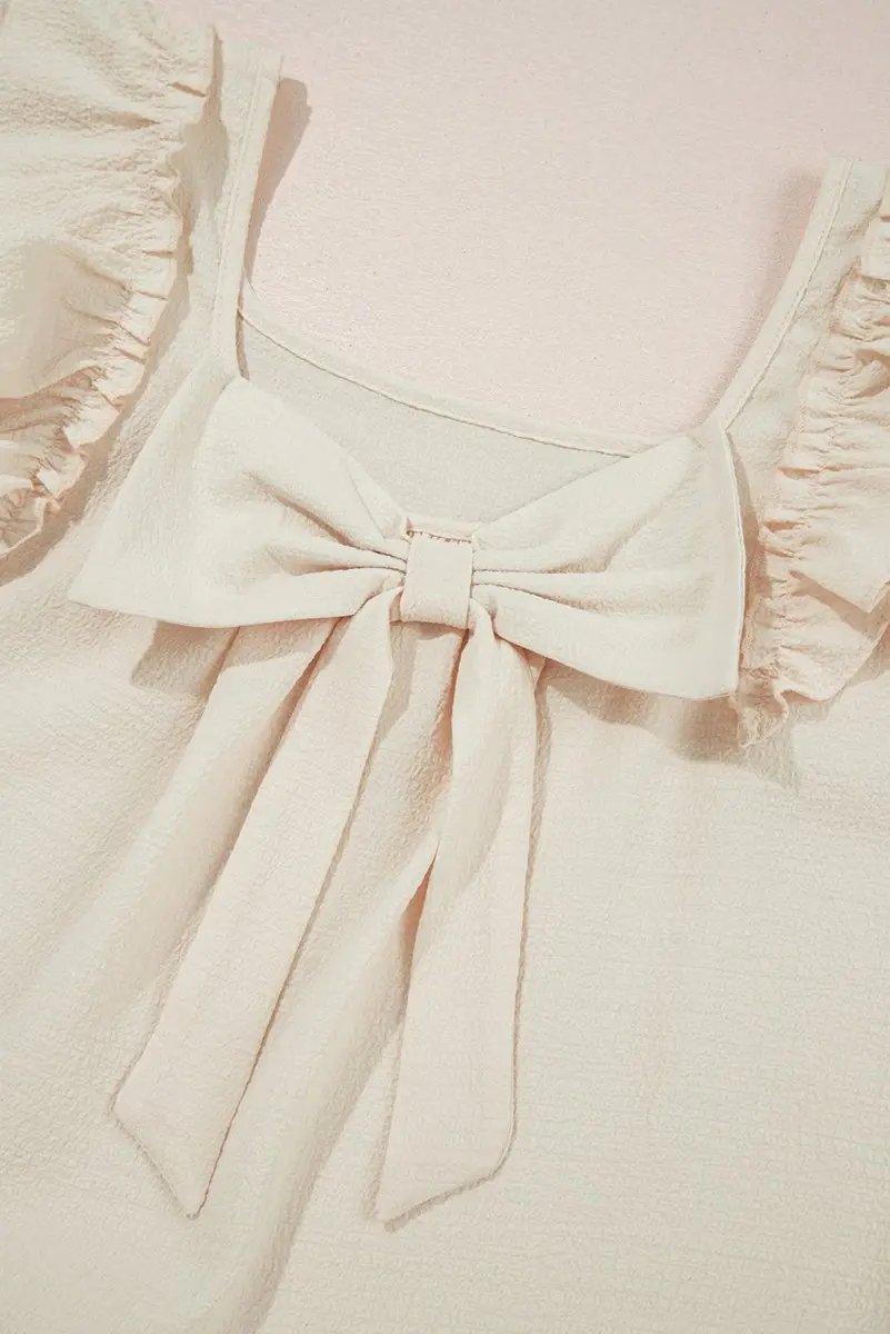 Pants Love Salve Beige Textured Blouse Women's Elegant Top: Bow Knot & Butterfly Sleeves