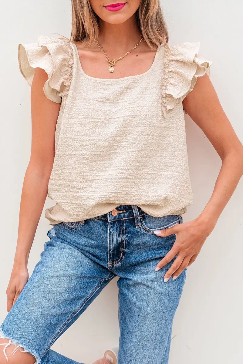 Pants Love Salve Beige Textured Blouse Women's Elegant Top: Bow Knot & Butterfly Sleeves