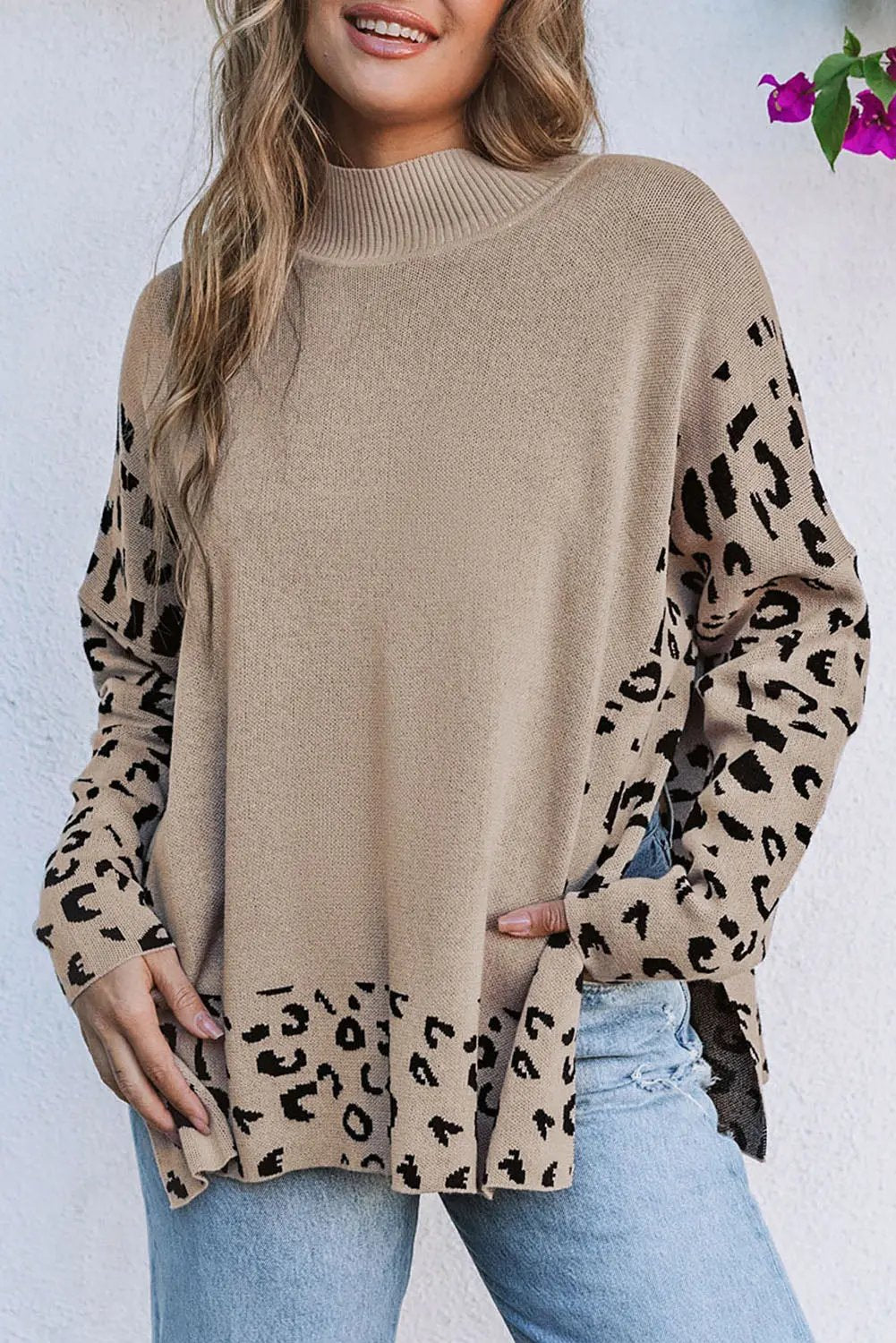 Wild Side Leopard Print High Neck Side Slit Oversized Sweater