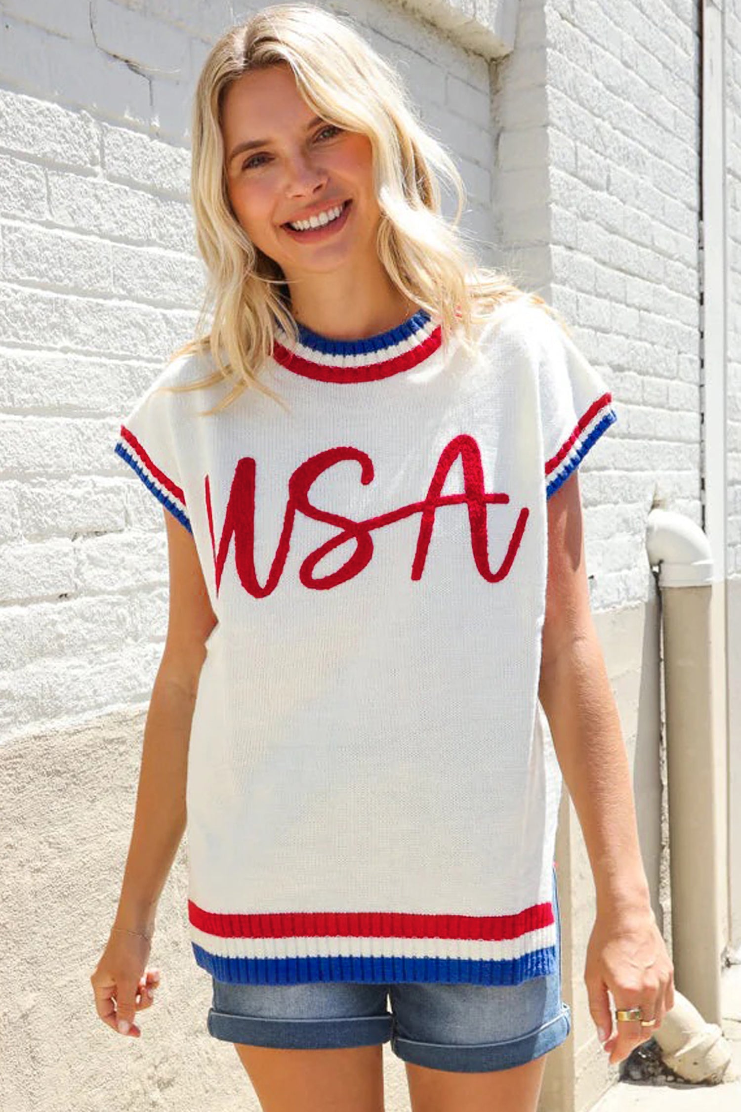 Varsity-Inspired USA Stripe Contrast Trim Sweater