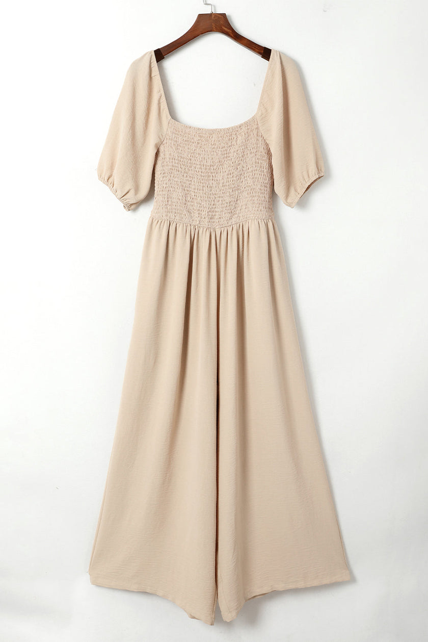 Bubble Sleeve Smocked Wide Leg Jumpsuit