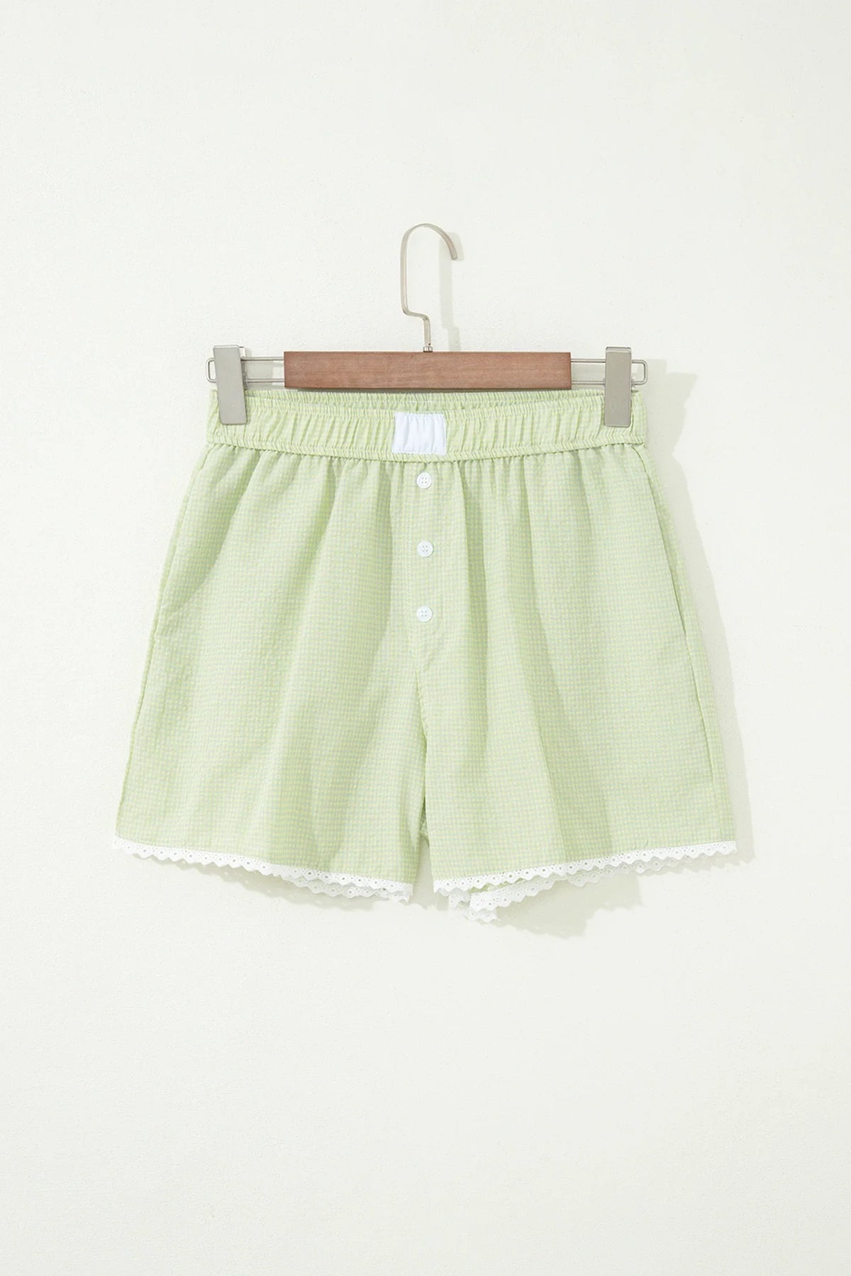 Gingham plaid boxer shorts with button and lace trim