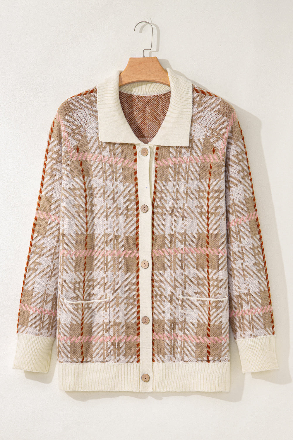 Plaid Ribbed Trim Cardigan — Plus Sizes — Khaki — product image 6