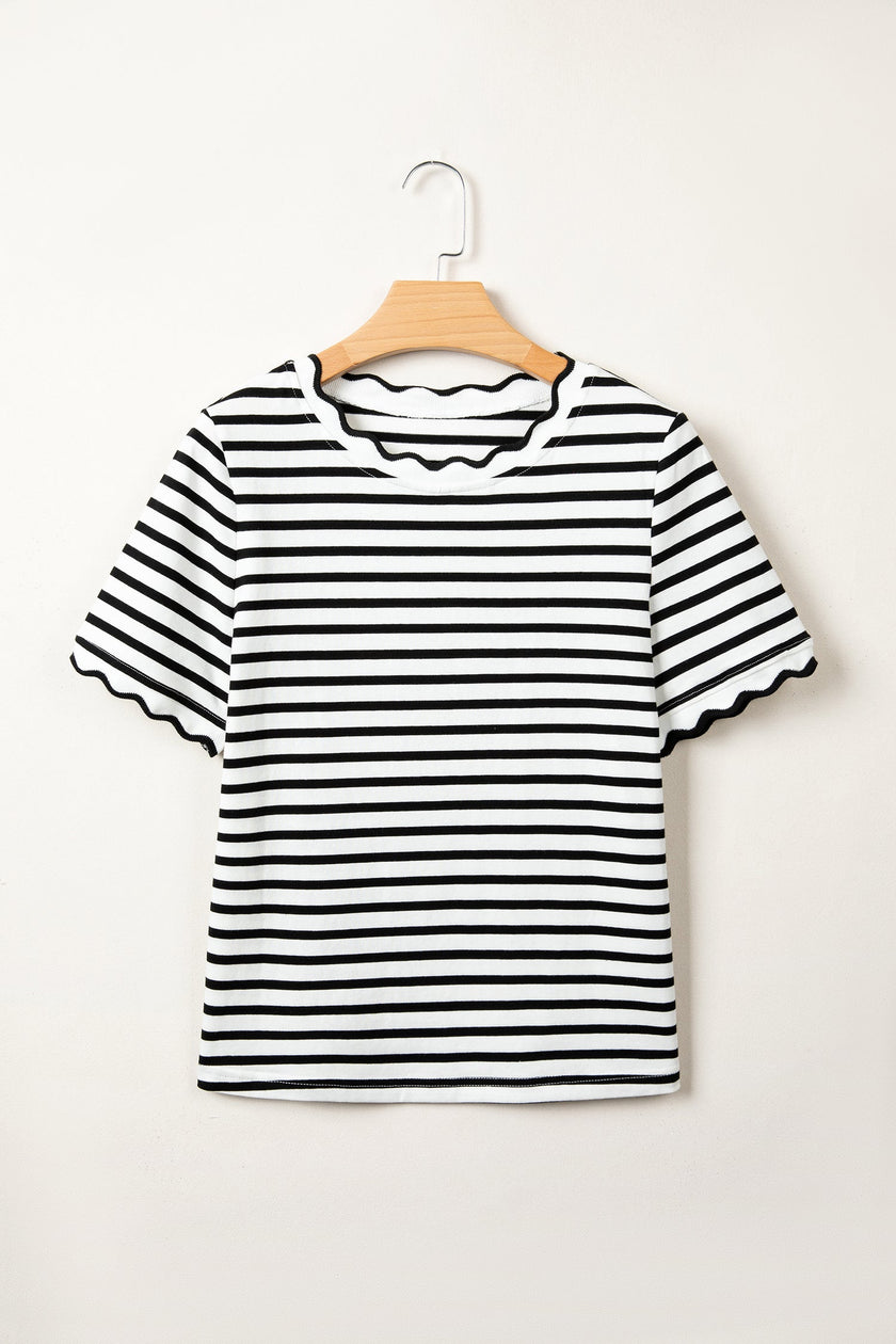 Stripe Scalloped Trim Round Neck T-Shirt