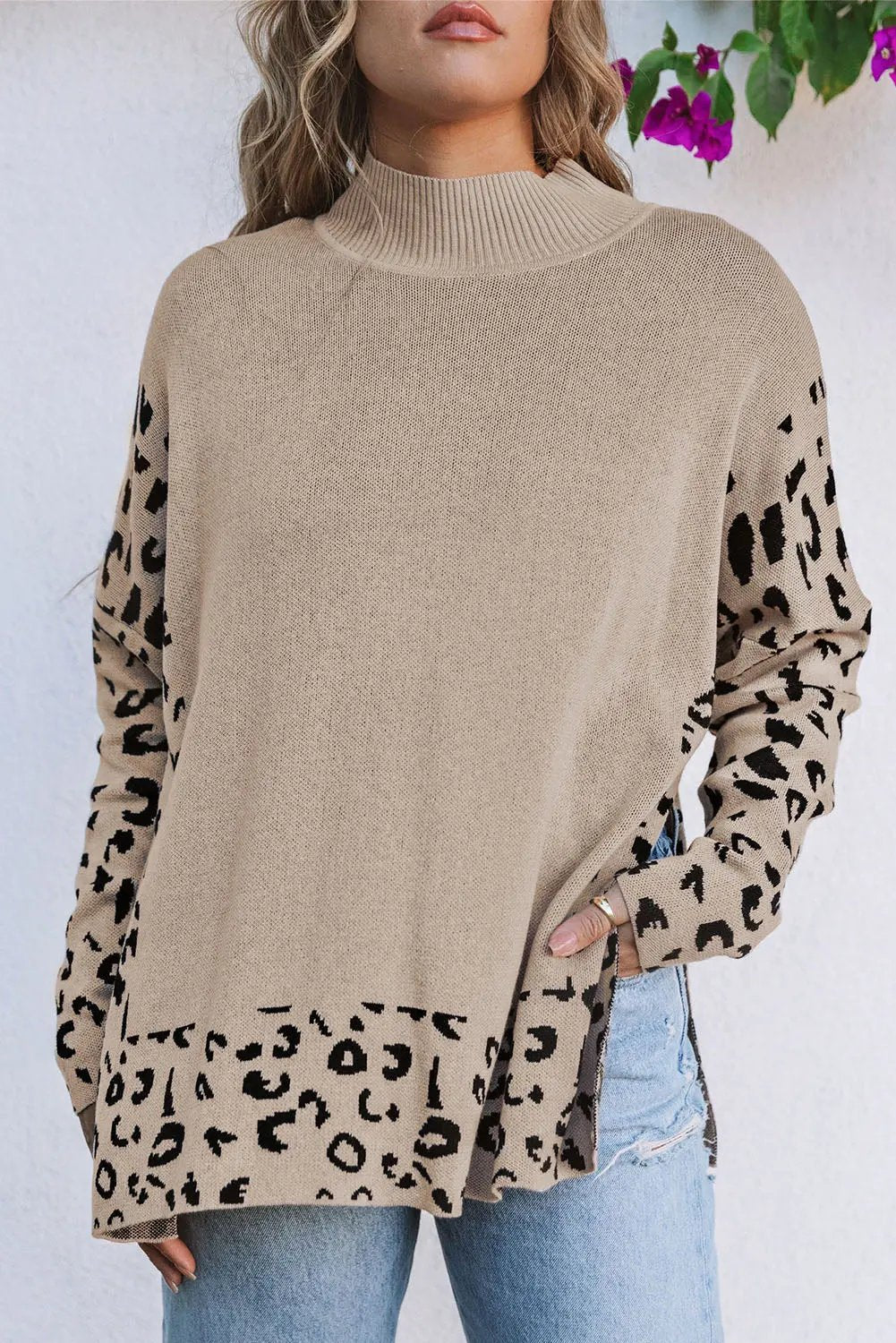 Wild Side Leopard Print High Neck Side Slit Oversized Sweater