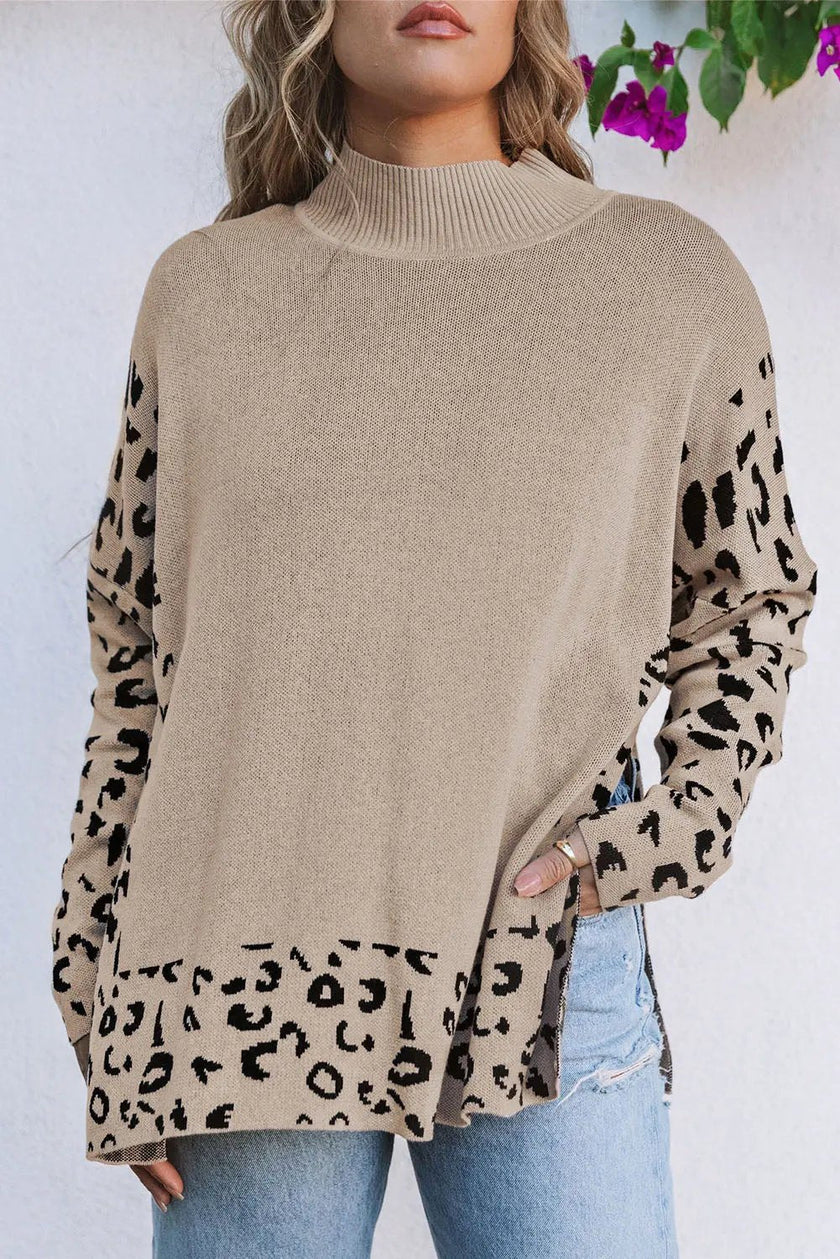 Wild Side Leopard Print High Neck Side Slit Oversized Sweater