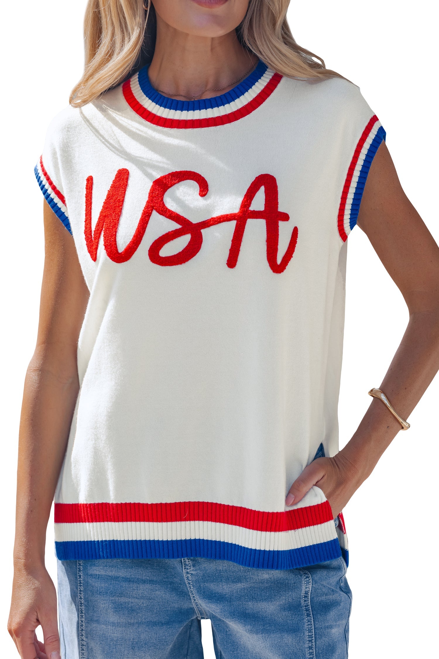Varsity-Inspired USA Stripe Contrast Trim Sweater