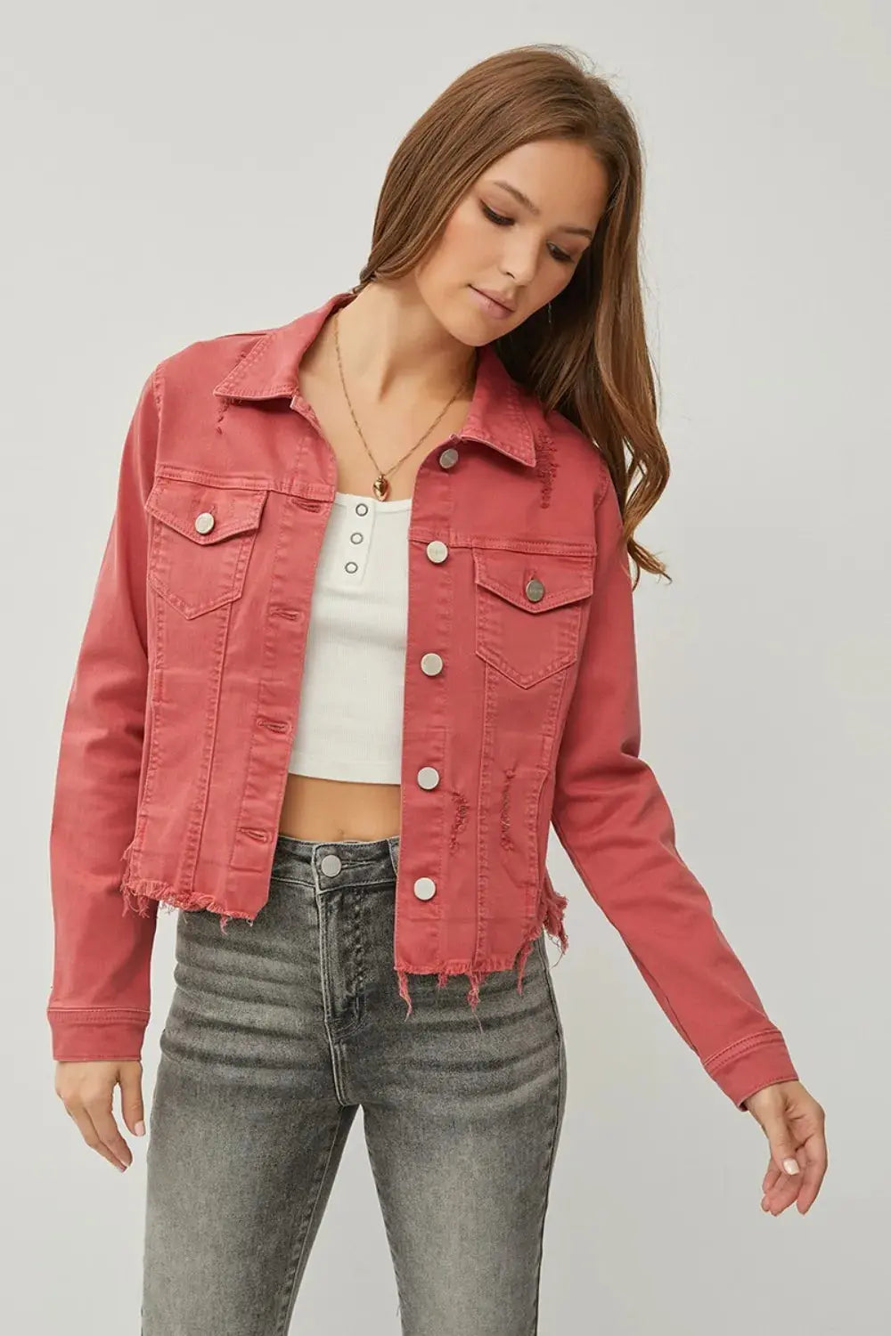 Adorable Cropped Denim Jacket With Raw Hem