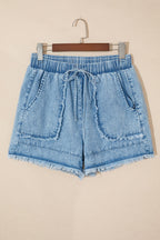 Acid wash denim shorts with frayed hem and drawstring waist