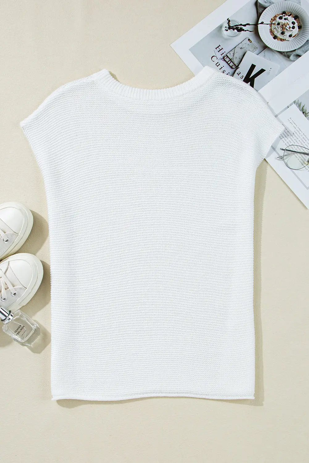 Women's Sweater Tee - Side Slits Short Sleeve - Casual Top