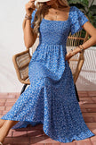 Floral Smocked Square Neck Ruffle Sleeve Dress