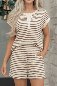 Stripe Cap Sleeve Henley Top & Shorts Set