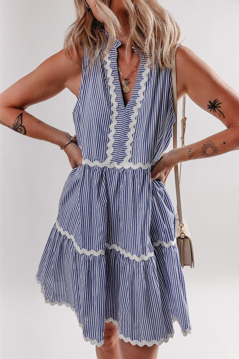 Stripe Sleeveless Contrast Ricrac Trim Mini Dress