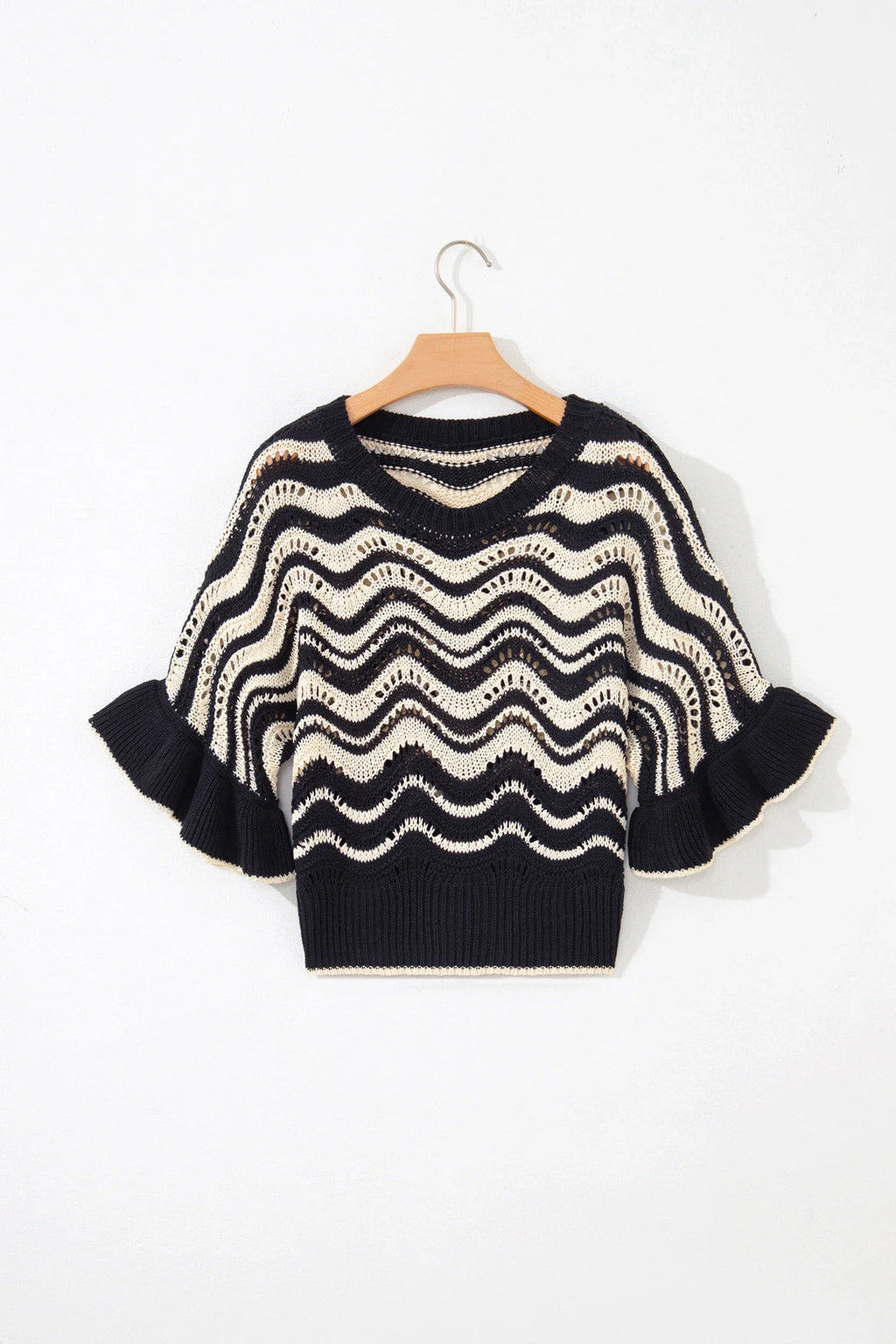 Wavy stripe crochet sweater with ruffle sleeves