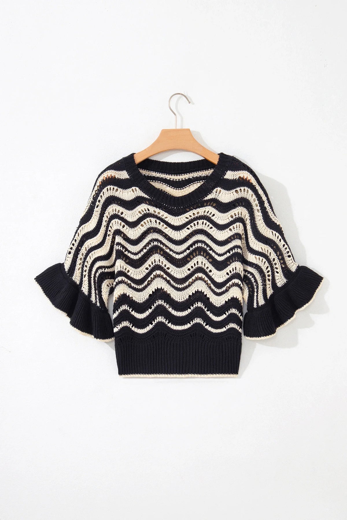 Wavy stripe crochet sweater with ruffle sleeves