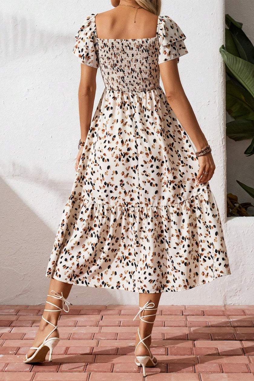 Floral Smocked Square Neck Ruffle Sleeve Dress
