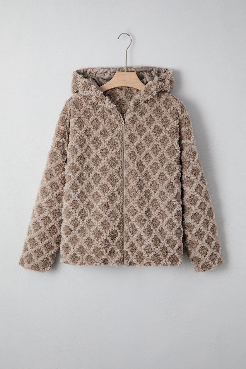 Sherpa Rhombus Textured Zip Up Hooded Jacket