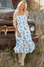Floral shirred bodice dress with knot shoulders