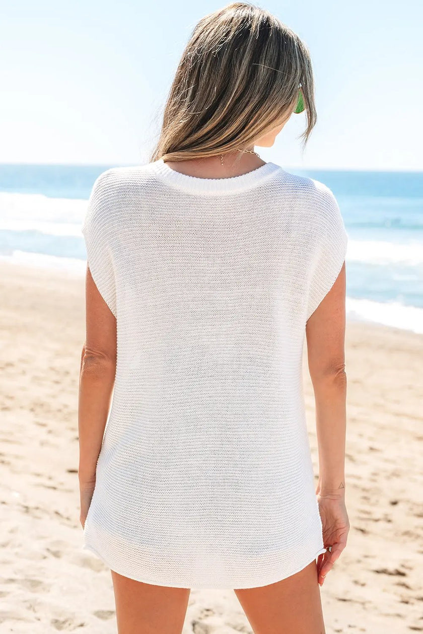 Women's Sweater Tee - Side Slits Short Sleeve - Casual Top