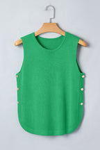 Green button-side sleeveless knit sweater with split hem
