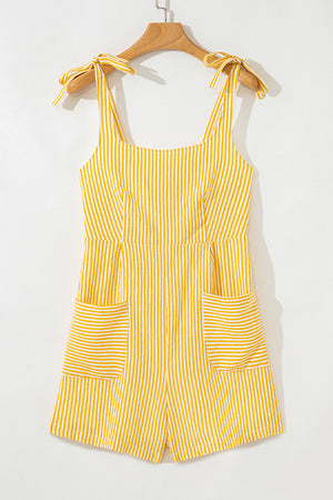 Stripe Tie Shoulder Smocked Wide Leg Romper