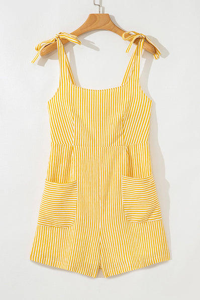 Stripe Tie Shoulder Smocked Wide Leg Romper
