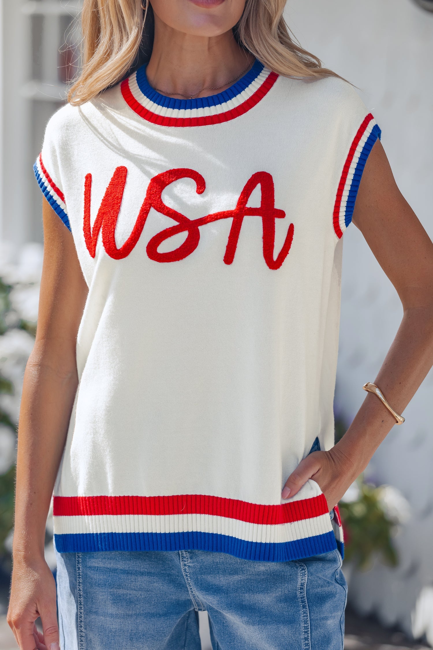 Varsity-Inspired USA Stripe Contrast Trim Sweater
