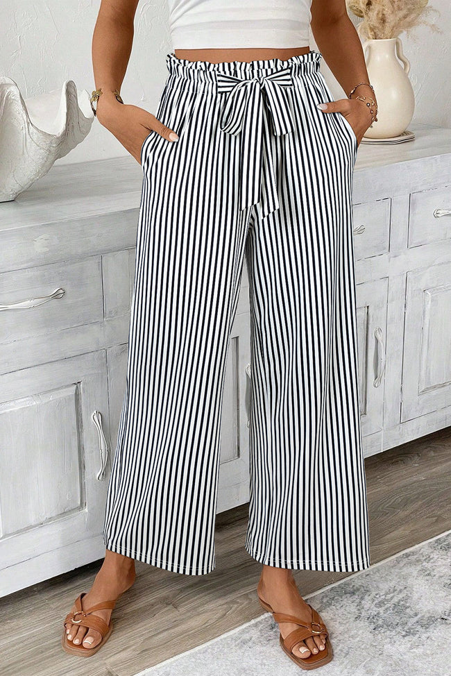 Stripe Tied High Waist Straight Leg Pants