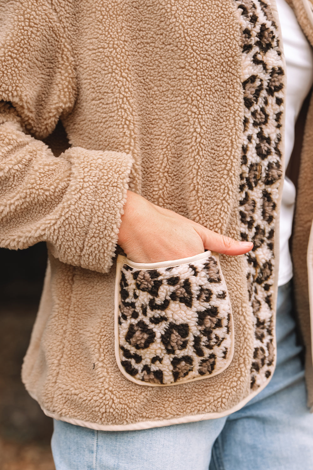 Leopard Trim Plush Pocket Jacket — Smoke Gray — product image 5