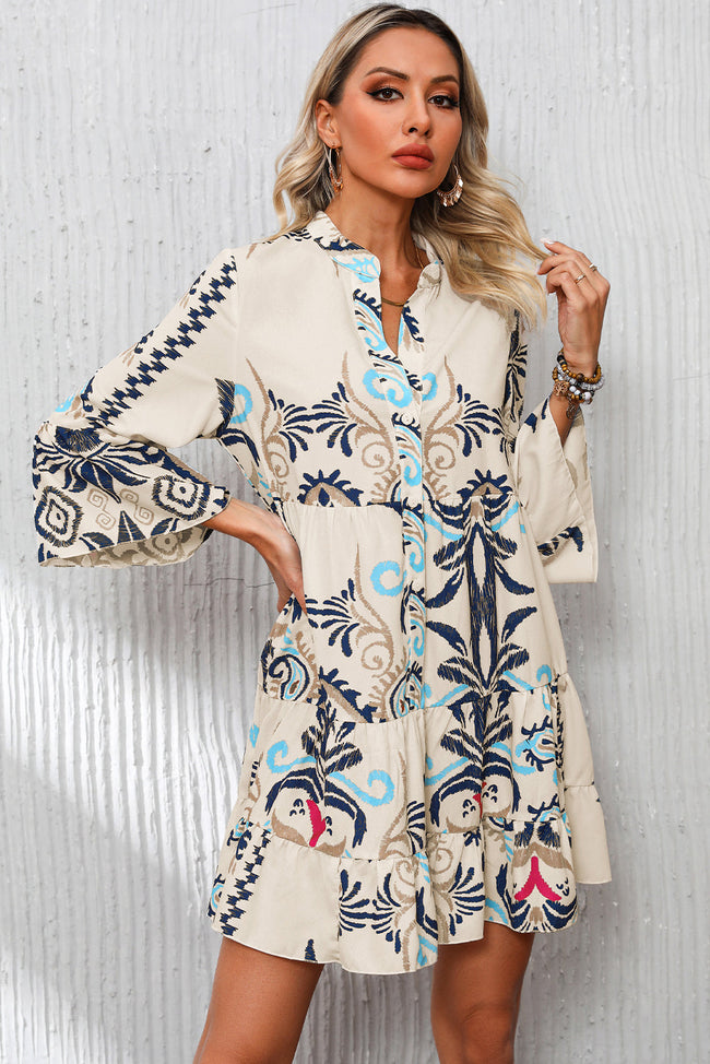 Boho Buttoned V-Neck 3/4 Sleeve Dress