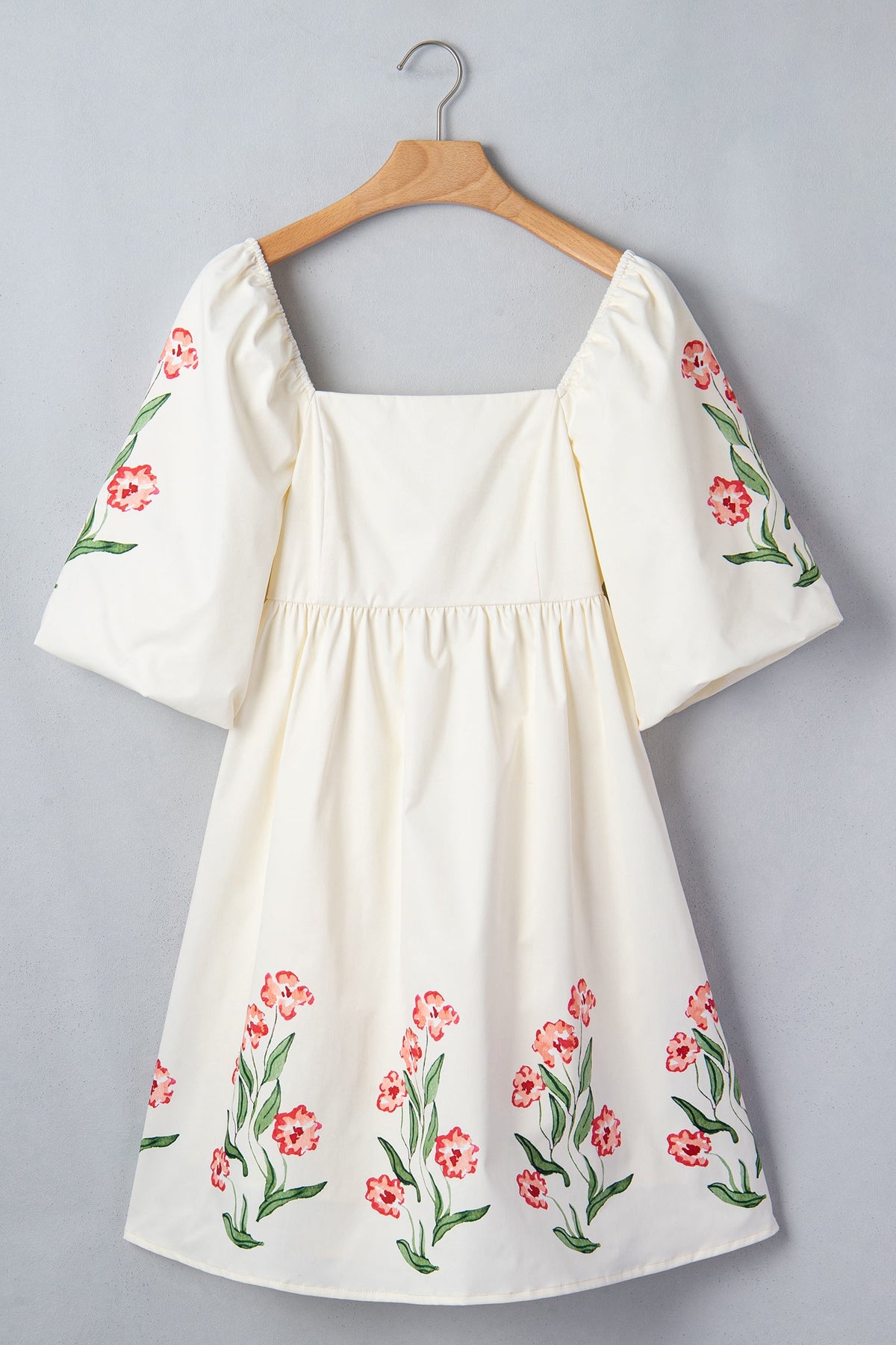 Floral puff-sleeve babydoll dress with square neckline