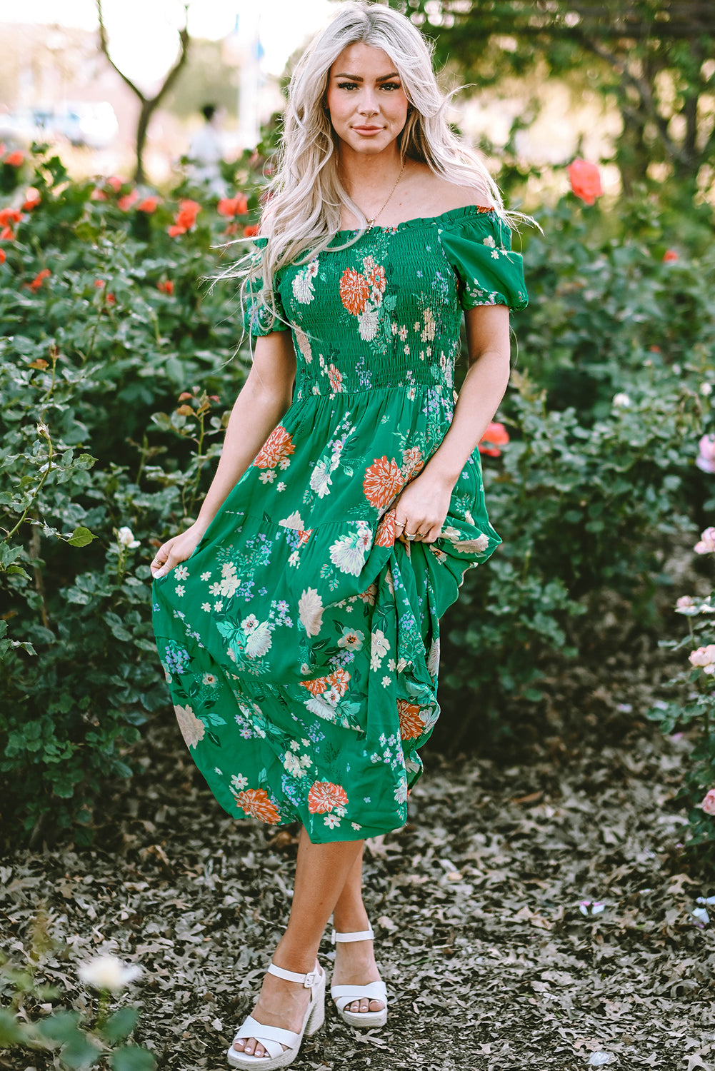 Floral Bubble Sleeve Smocked Tiered Dress