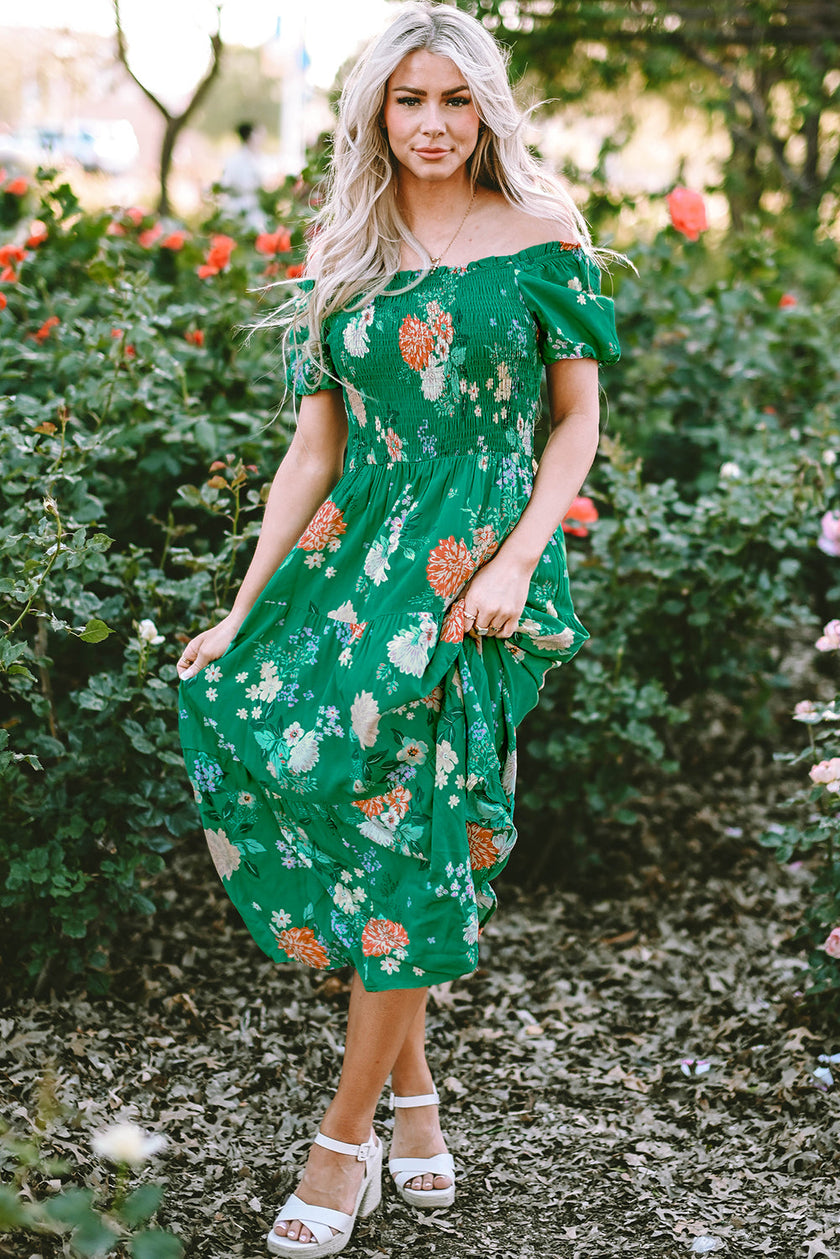 Floral Bubble Sleeve Smocked Tiered Dress