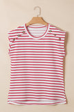 Stripe Textured Knit Buttoned Shoulder Short Sleeve Tee