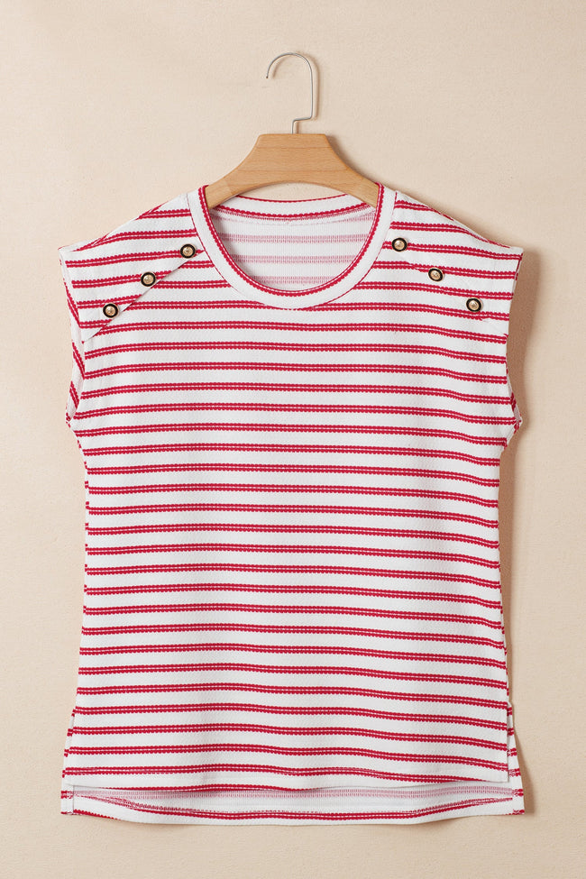 Stripe Textured Knit Buttoned Shoulder Short Sleeve Tee