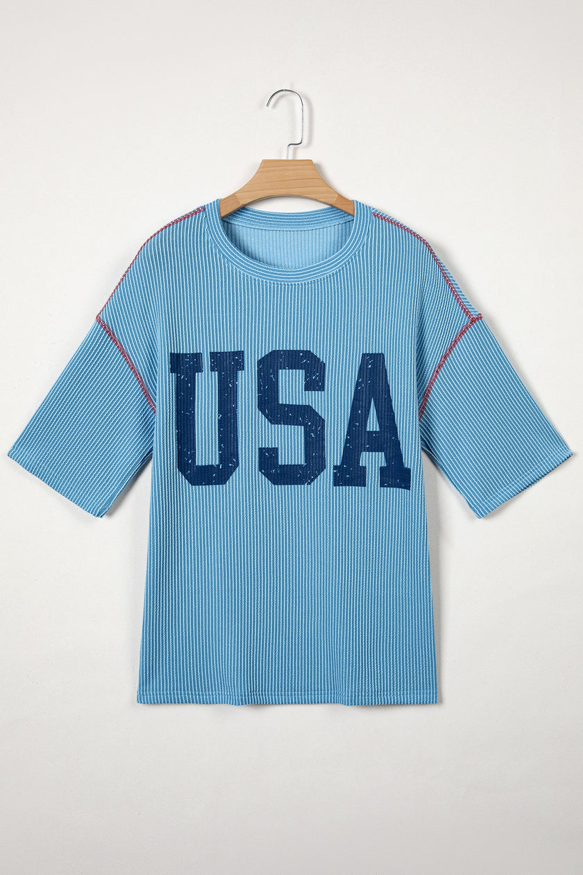 USA Corded Knit Short Sleeve Graphic Top