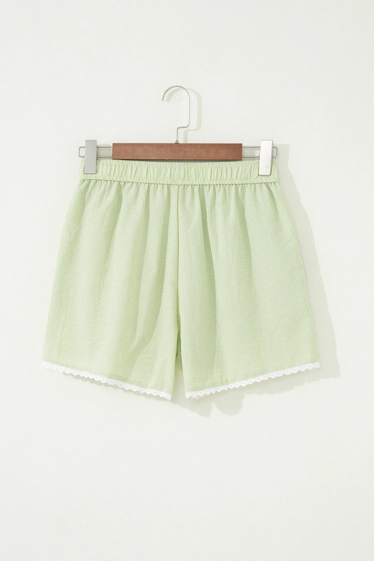 Gingham plaid boxer shorts with button and lace trim