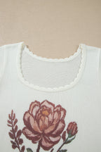 Western floral knit top with scalloped neckline