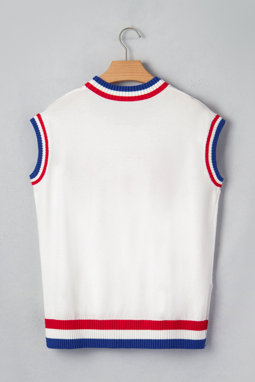 Varsity-Inspired USA Stripe Contrast Trim Sweater
