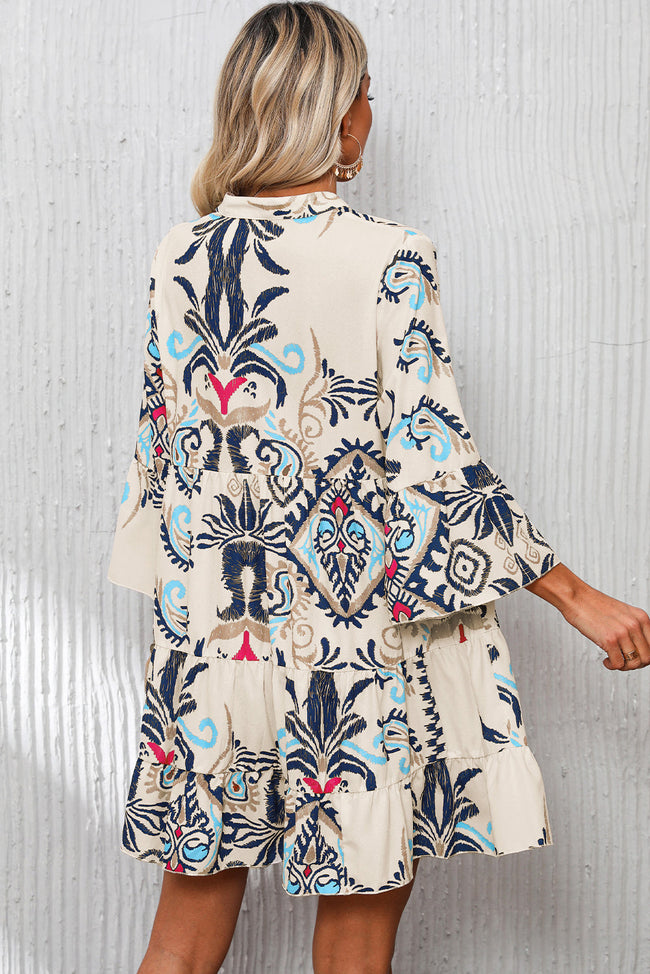 Boho Buttoned V-Neck 3/4 Sleeve Dress