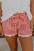 Red Gingham Plaid Tie Elastic Waist Lace Patchwork Hem Casual Shorts