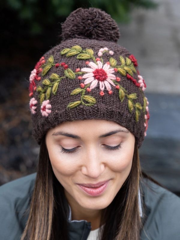 Olivia Wool Knit Embroidered Hat in Brown
