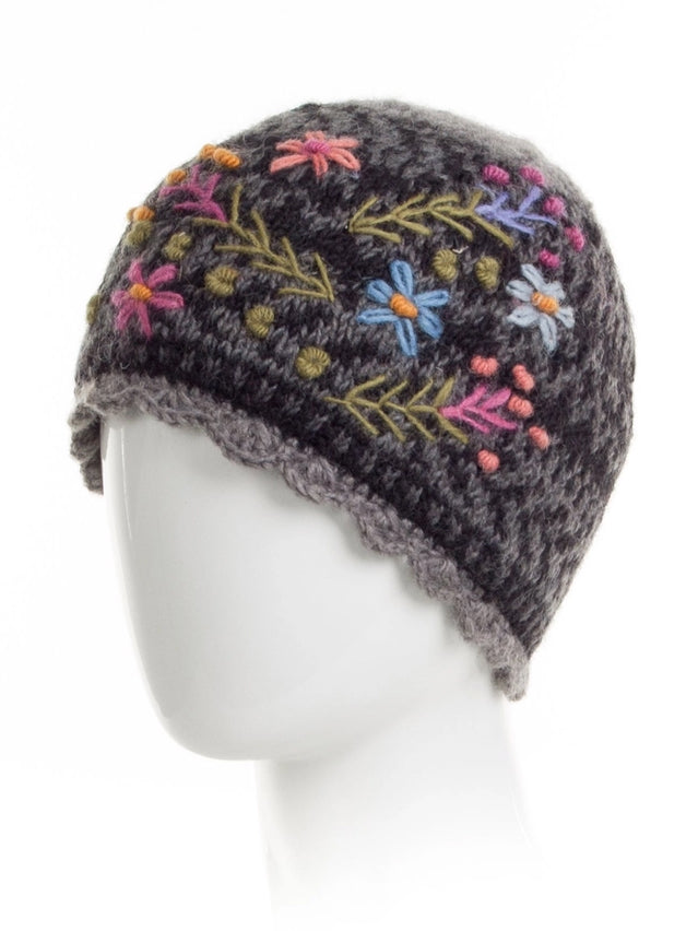 Sadie Wool Knit Embroidered Hat in Black