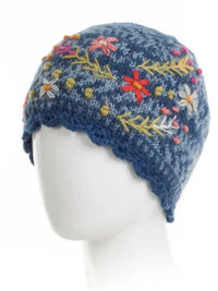 Sadie Wool Knit Embroidered Hat in Blue