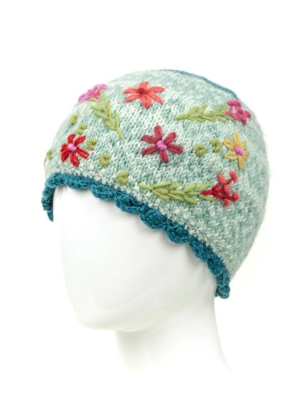Sadie Wool Knit Embroidered Hat in Mint