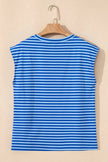 Women's Cap Sleeve T-Shirt Women's T-Shirt - Blue Stripe Ribbed Cap Sleeve - Daily Wear