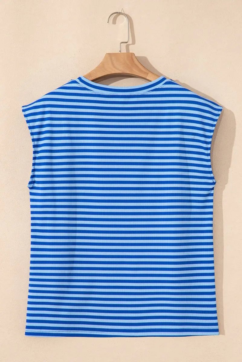 Women's Cap Sleeve T-Shirt Women's T-Shirt - Blue Stripe Ribbed Cap Sleeve - Daily Wear