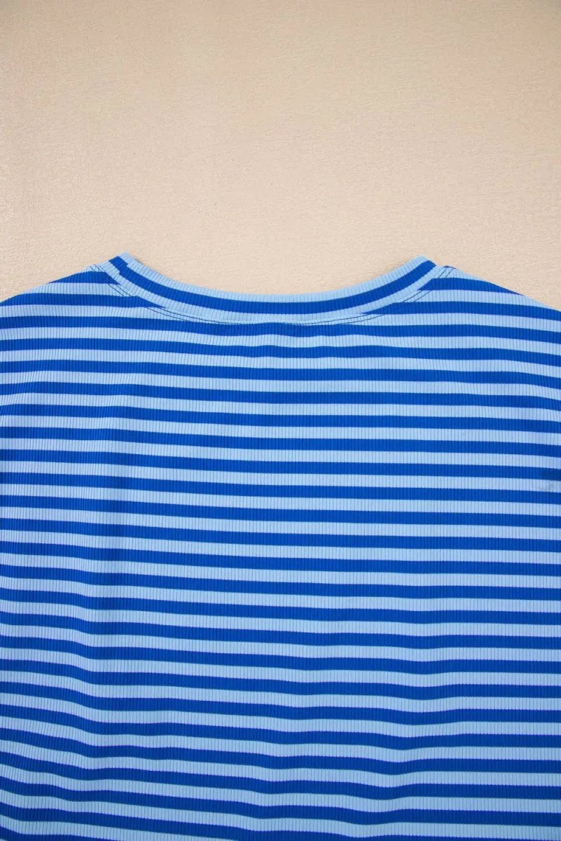 Women's Cap Sleeve T-Shirt Women's T-Shirt - Blue Stripe Ribbed Cap Sleeve - Daily Wear