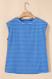 Women's Cap Sleeve T-Shirt Women's T-Shirt - Blue Stripe Ribbed Cap Sleeve - Daily Wear