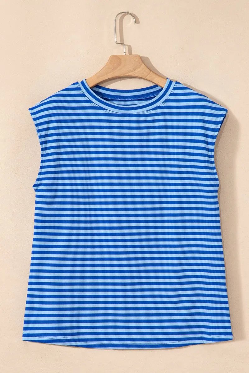 Women's Cap Sleeve T-Shirt Women's T-Shirt - Blue Stripe Ribbed Cap Sleeve - Daily Wear